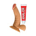 Realistic 6.5-inch curved dildo with suction base and attached balls, shown with a tube of cherry-flavored anal lubricant.
