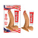 6.5-inch curved realistic dildo with suction base and cherry-flavored lubricant tube in packaging and out of package.