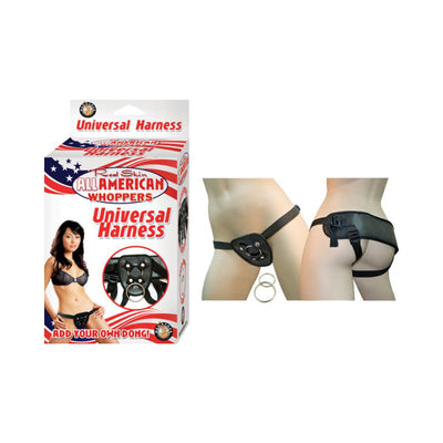 All American Whoppers Universal Harness packaging and front and back views of adjustable black strap harness on mannequin.