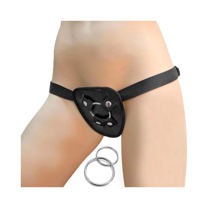 Black adjustable universal harness worn on hips with two interchangeable metal rings for versatile fit.