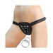 Black adjustable universal harness worn on hips with two interchangeable metal rings for versatile fit.