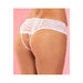 White lace open back panty with crisscross ribbon detail and thong style on model against pink background.