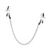 Metal alligator-style nipple clamps with adjustable screws and a connecting silver chain, featuring black rubber tips.