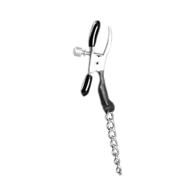 Metal alligator-style nipple clamp with black rubber tips and an attached silver chain for adjustable pressure play.