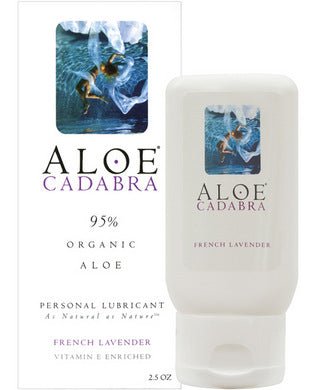 Aloe Cadabra 2.5oz personal lubricant and moisturizer with French lavender scent in white bottle and packaging.