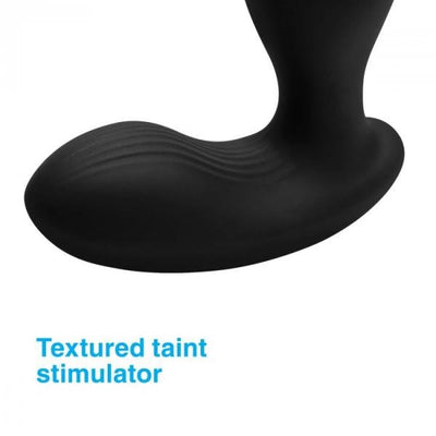 Black silicone prostate stimulator with textured curved design for targeted perineum and prostate stimulation.