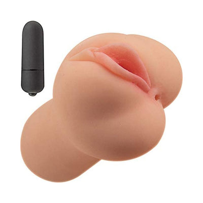 Beige dual-entry masturbator with realistic texture and compact black bullet vibrator.