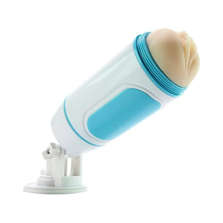 Always Redi Masturbator Flesh with blue and white casing mounted on adjustable suction cup base.