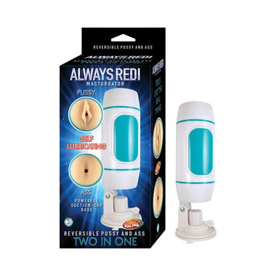 Always Redi Masturbator with reversible sleeve and suction cup base shown with packaging box.