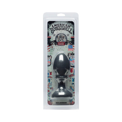 Gunmetal gray tapered plug with flared base in clear retail packaging labeled American Bombshell Little Boy by Doc Johnson.