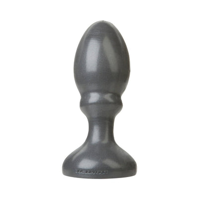 Gunmetal gray tapered anal plug with flared base and smooth finish, designed for comfortable and safe use.