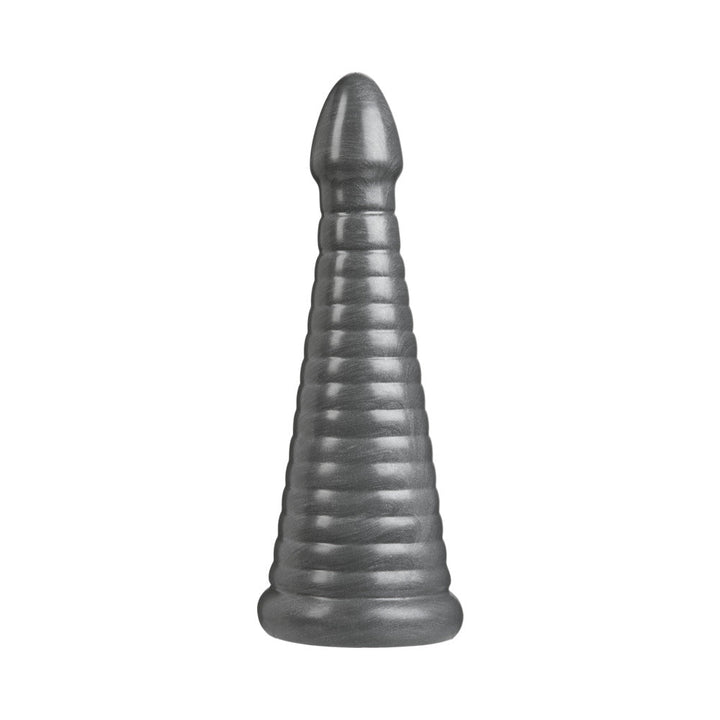 Gray tapered adult toy with graduated ribbed texture and wide base for comfortable use.