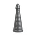 Gray tapered adult toy with graduated ribbed texture and wide base for comfortable use.