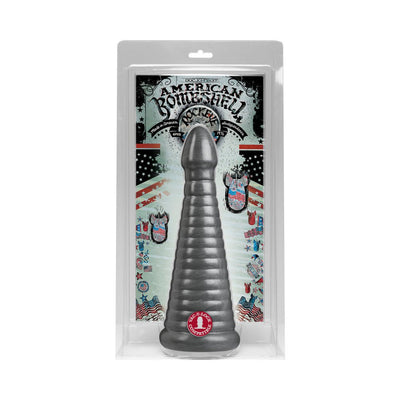 American Bombshell Rockeye toy in gray with a tapered, ribbed design in clear retail packaging with patriotic-themed background.