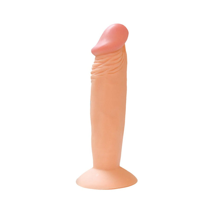 6-inch realistic straight dildo with suction cup base in light brown tone on white background