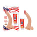 Realistic 8-inch curved dildo with suction cup base and included tube of flavored lube gel in patriotic packaging.
