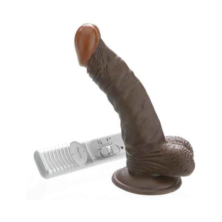 Realistic 7-inch vibrating dildo with suction cup base and remote control in flesh tone with lifelike details.