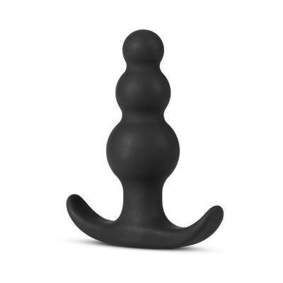 Black beaded silicone anal plug with three graduated beads and a curved base for secure, comfortable use.