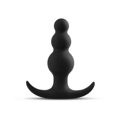 Black silicone beaded anal plug with three graduated beads and curved base for safe, comfortable use.
