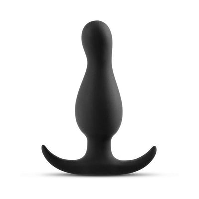 Black curved silicone anal plug with ergonomic base for comfort and secure fit.