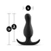 Black curved anal plug with flared base, measuring 3.5 inches total length and 3 inches insertable length.
