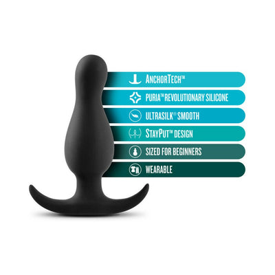 Black curved anal plug with wide base, highlighting features like AnchorTech, Puria silicone, Ultrasilk smooth, StayPut design, beginner size, and wearable.
