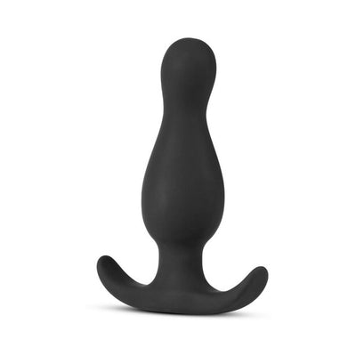 Black curved silicone anal plug with ergonomic base for comfort and secure fit.