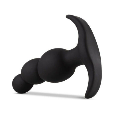 Black silicone anal plug with three graduated beads and a curved anchor base for secure fit and enhanced stimulation.