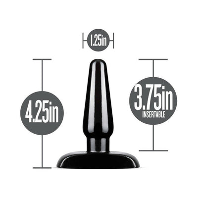 Small black tapered anal plug with measurements showing 4.25-inch total length and 1.25-inch diameter.