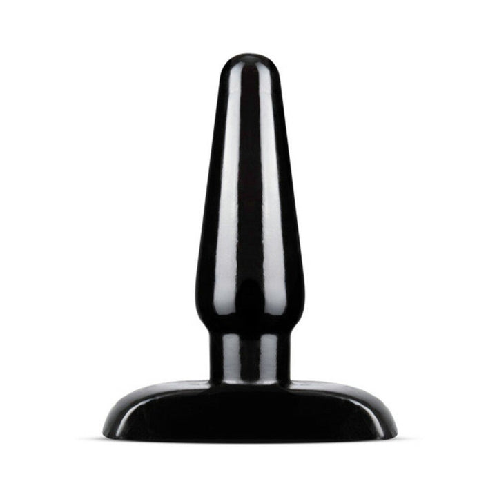 Small black tapered anal plug with flared base, made from smooth body-safe PVC.