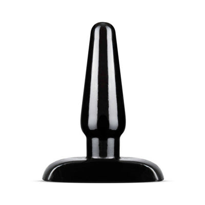 Small black tapered anal plug with flared base, made from smooth body-safe PVC.