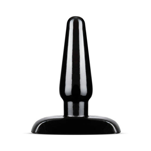 Small black tapered anal plug with flared base, made from smooth body-safe PVC.