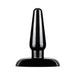 Small black tapered anal plug with flared base, made from smooth body-safe PVC.