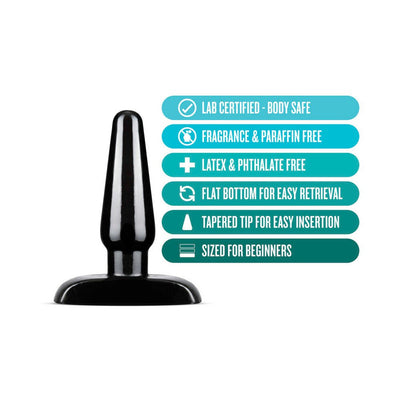 Small black tapered anal plug with flat base, labeled features include body-safe, fragrance-free, latex-free, and beginner-friendly design.