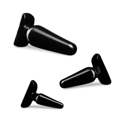 Set of three black tapered anal plugs in small, medium, and large sizes with flared bases for safe use.