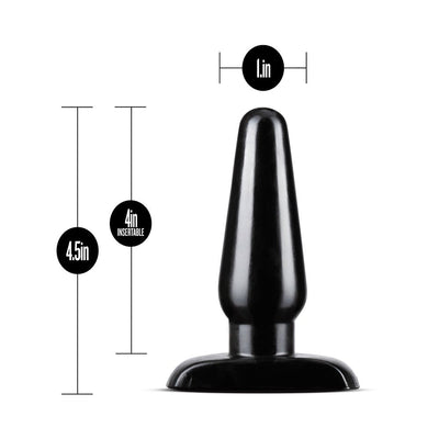Black tapered beginner anal plug with flared base, 4.5 inches long and 1 inch wide, shown with size measurements.