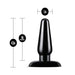 Black tapered beginner anal plug with flared base, 4.5 inches long and 1 inch wide, shown with size measurements.