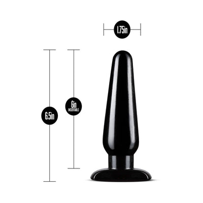 Black tapered anal plug with flared base, measuring 6.5 inches long and 1.75 inches wide, designed for comfortable insertion.