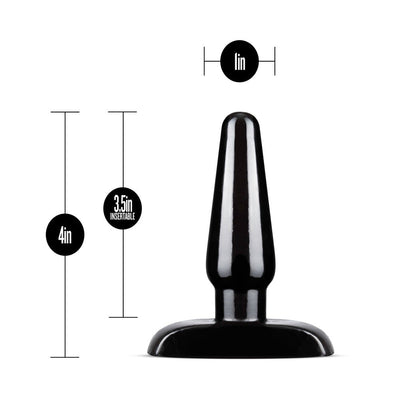 Black tapered anal plug with flared base, 4 inches long and 1 inch wide, designed for beginner training.