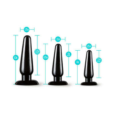 Set of three black tapered anal plugs in small, medium, and large sizes with measurements shown for height and insertable length.