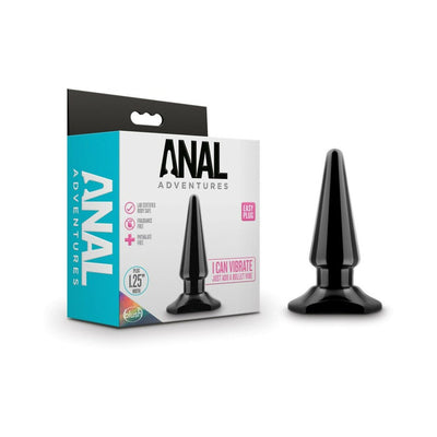 Black tapered beginner anal plug with flared base next to its blue and white Anal Adventures packaging.
