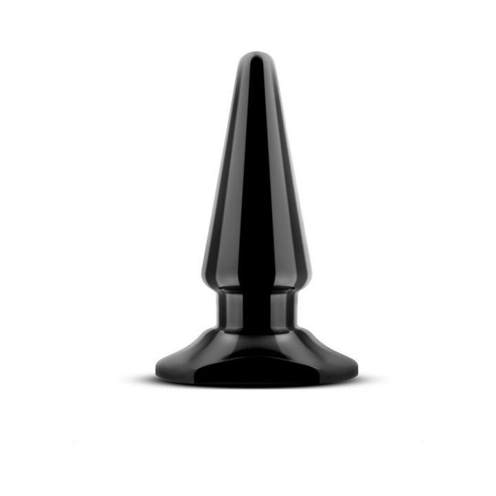 Black tapered beginner-friendly anal plug with wide base for secure fit, made from smooth, body-safe PVC.