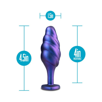 Purple and blue swirled textured anal plug with measurements showing 4.5 inches total length and 4 inches insertable length.