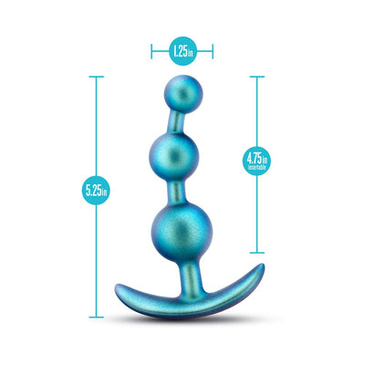 Teal anal plug with three graduated beads and curved base, measuring 5.25 inches total length and 1.25 inches width.