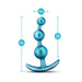 Teal anal plug with three graduated beads and curved base, measuring 5.25 inches total length and 1.25 inches width.