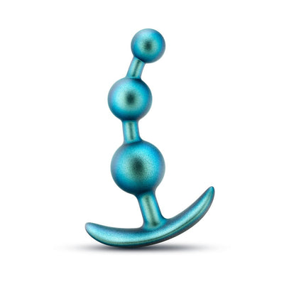 Teal metallic anal plug with three graduated beads and curved base for secure, comfortable wear.