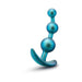 Teal anal plug with three graduated beads and curved base for secure, comfortable wear, made from smooth silicone.