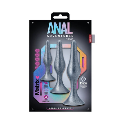 Blush Anal Adventures Matrix Genesis Plug Kit in silver with three graduated sizes and flared bases in retail packaging.
