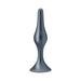 Silver metallic tapered anal plug with flared base and slim flexible stem, designed for comfortable and secure wear.