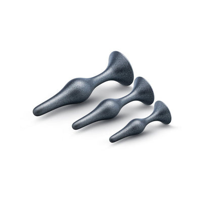 Set of three silver tapered anal plugs in small, medium, and large sizes with flared bases for secure fit.